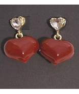 Red Enamel Earrings Heart Shaped Dangle Posts 1&quot; Drop Fashion Costume Je... - $5.55