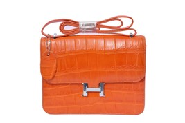 Handmade Carrot Orange Hook Closure Precise Crocodile Leather Ladies Hand Bag - £615.08 GBP