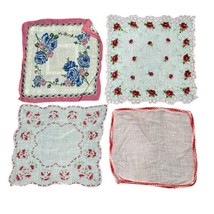Lot of 4 Vintage Handkerchiefs Hankies Printed Floral Roses Pink Blue 1940s - $13.44