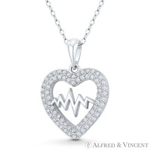 Heart Beat Zigzag CZ Crystal Pave Love Charm 925 Sterling Silver Rhodium Pendant - £14.11 GBP+