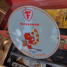 Vintage 1958 Firestone Tyres Tubes Manufacturing Porcelain Gas &amp; Oil Pump Sign - £101.49 GBP