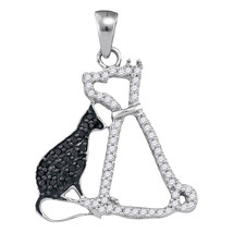 10k White Gold Black Color Enhanced Diamond Kitty Cat Feline Fashion Pendant  - £192.95 GBP