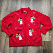 Classic Elements Christmas Sweater Snowman Vintage Holiday Winter Red Zip Up - £19.93 GBP