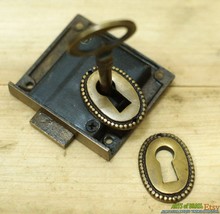 Solid Brass Skeleton Key &amp; Lock Set Vintage Round Cottage Chic KEY HOLE Plate - £23.59 GBP