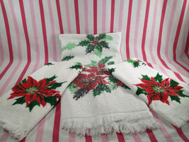 Festive Vintage 3pc Sears &amp; Roebuck Fringe Edge Holiday Design Cotton Towel Set - £23.63 GBP