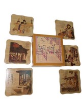 Vintage Bamboo Chinese Art Drink Coasters in Decorative Hinged Box 3.5&quot;x3.5&quot; EUC - £12.42 GBP