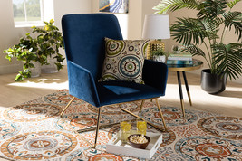 Cherelle Navy Blue Velvet Fabric Upholstered Gold Finished Armchair - $8,127.84 MXN