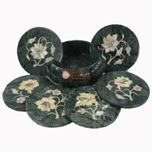 Green Marble Round Coaster Set Floral Inlay Arts Thanksgiving Gift Decor E1958 - £190.11 GBP