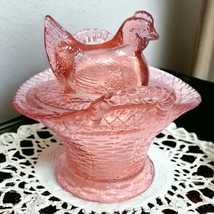 Vintage Pink Glass Hen Chicken On Handled Basket Covered Candy Trinket Dish - $24.75