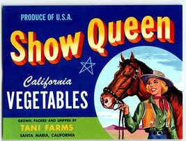 Show Queen Vegetables Label Blonde Cowgirl Horse Vintage 1950s Original - $15.68