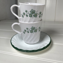 2 Corning Ware Corelle Stoneware Callaway Green Ivy Coffee Mugs Saucers - $14.95