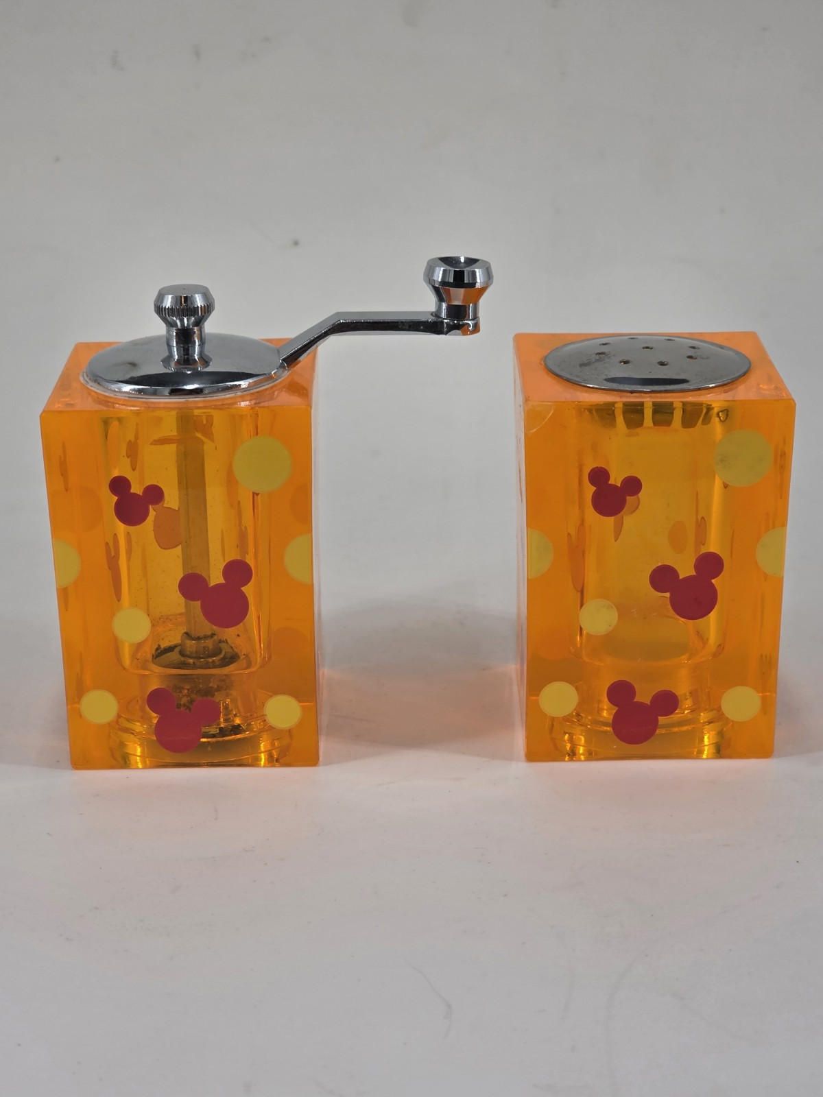 Disney Mickey Mouse Vintage Salt Shaker Pepper Mill Grinder Orange Acrylic - $9.40