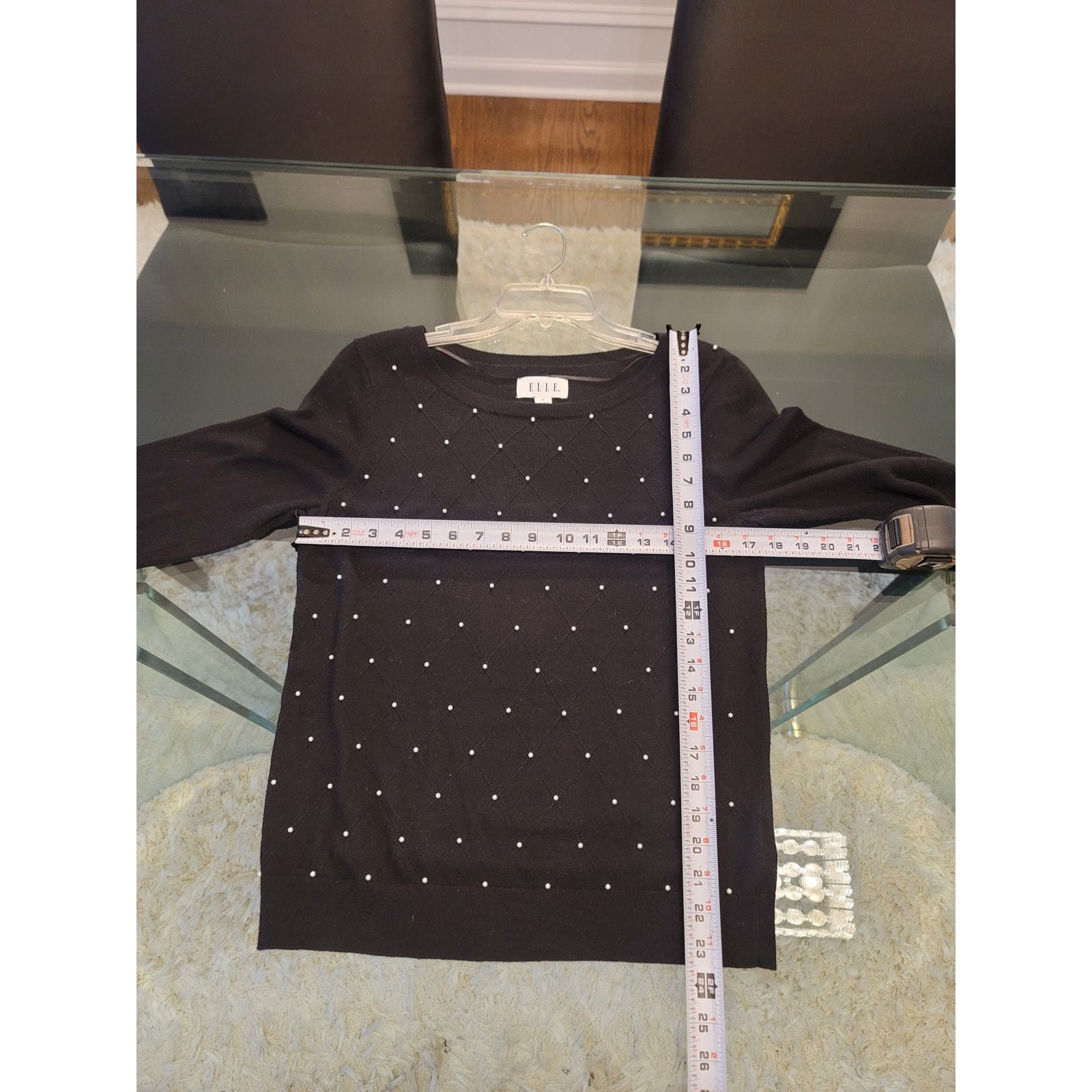 ELLE Sweater Women's Medium Black Pearl Embellished 34 Sleeve Pullover Knit Item image 12