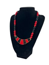 Vintage 1980s Red Black Beaded Pendant Necklace Enamel Gold Tone 17.5&quot; Retro - £14.87 GBP