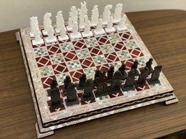 Luxury Chess pieces Camel Bones &amp; Chess Board Inlaid mother of Pearl 12&quot; - $325.00
