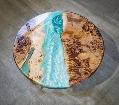 15&quot; Blue Epoxy Table Tops Round Coffee Table Acacia Wood Handmade Furniture Deco - £275.55 GBP