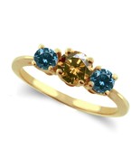 14 Yellow Gold 2 Carat  Champagne and Blue Diamonds Three Stone Ring  - £1,990.54 GBP+