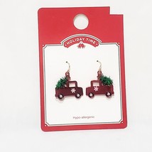 Red Truck with Green Tree Earrings Dangle Drop 1&quot;  Pierced Wire Hook 2023 Metal - £11.67 GBP