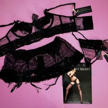 Victoria&#39;s Secret Designer Collection 34B Bra Set+M Garter Skirt Ruffled Black - £135.88 GBP