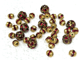 38 Vintage Red Rhinestone Studded Beads in Gold Tone Metal 3/8-1/4 Inch - $24.26