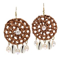 Island Chic Woven Bamboo Circles with Pearl and Shell Dangle Earrings - £11.93 GBP