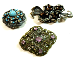 Lot of 3 VTG Fashio Pin Brooch Silver Bronze color rhinestone Dome Floral Berry - £27.25 GBP