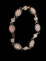 Vintage Micro Mosaic Pink Black White Floral Gold Tone Link Bracelet 8" - $128.65