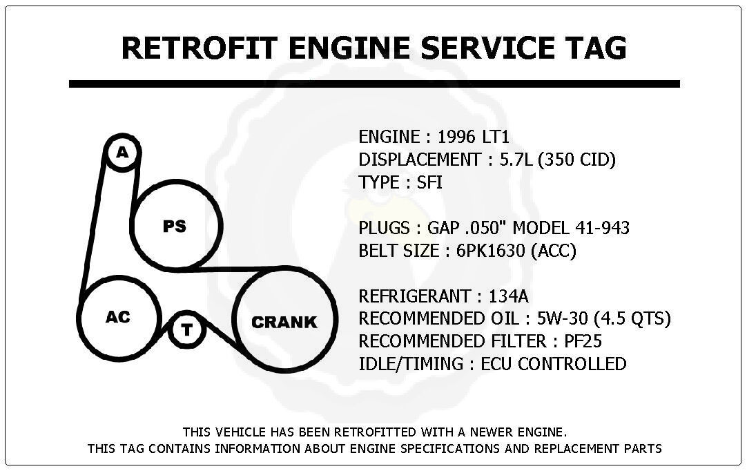1996 LT1 5.7L Trans Am Retrofit Engine Service Tag Belt Routing Diagram ... - $14.95