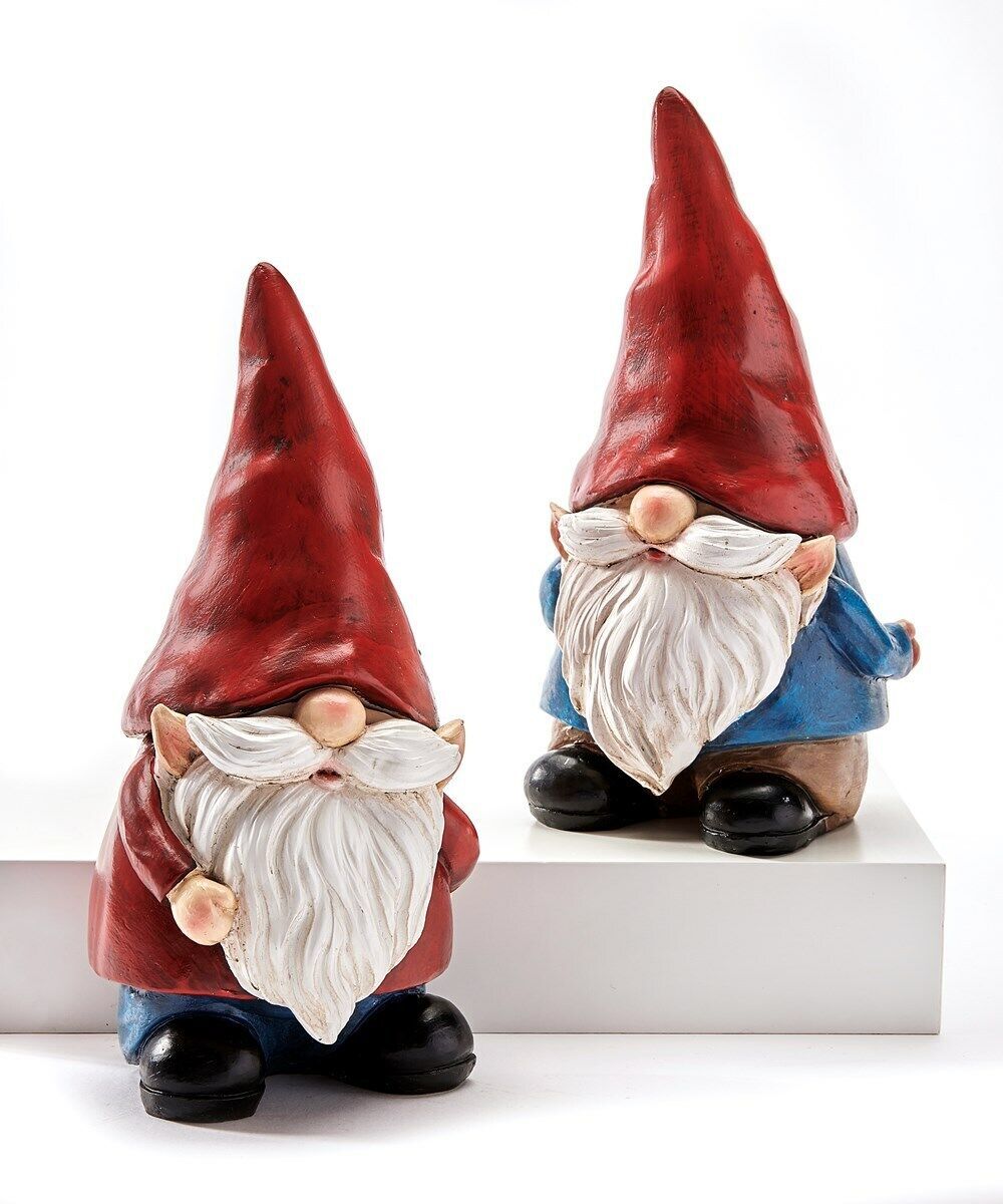 Garden Gnome Statues Set 2 Red Hat White Beard Bulbous Nose 8.5" High Poly Stone - $29.69