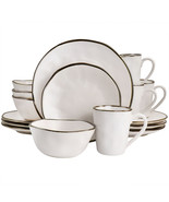Elama Modern 16 Piece Stoneware Dinnerware Set in Matte White with Gold Rim - €137,74 EUR