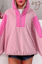 Pink Colorblock Patchwork Half Zip Oversized Sherpa Hoodie - $56.11