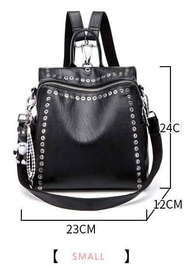 Fashion Washed Leather Woman Black Rivet Backpack Teenager Girl Schoolbag Female - £57.56 GBP