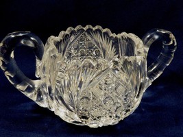 Vintage Crystal Clear Cut Open Sugar Bowl two handles pinecone design - $41.58
