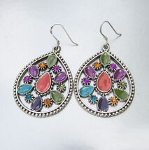 Large Multi-Color Enamel &amp; Rhinestone Teardrop Vintage Dangle Earrings - $15.79