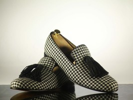 Handmade Men Two Tone Black White Leather Fabric Tassel Dress Fashion Loafers - £116.53 GBP