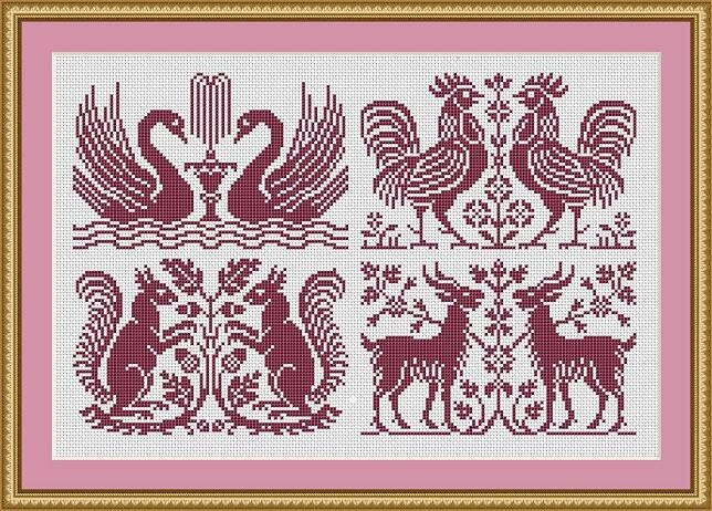 Birds And Animals Sampler Swans Roosters Squirrels Goats Cross Stitch Pa... - $5.00