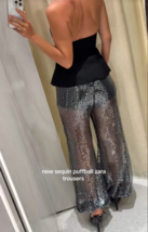 ZARA BNWT 2025. BLACK SILVER SEQUIN PUFFBALL TROUSERS PANTS. 8514/002/800 - $188.63