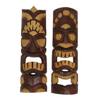 Hand Carved Natural Stained Wood Polynesian Style Tiki Masks 20 inch Set of 2 - £40.18 GBP