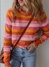 Women&#39;s Orange Striped Round Neck Long Sleeve Sweater - £16.92 GBP