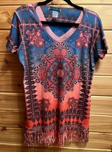 EUC ONLY NINE Womens Top Blue-Salmon Pullover Boho Casual *Fringe* Large - $271.46 MXN