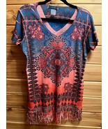EUC ONLY NINE Womens Top Blue-Salmon Pullover Boho Casual *Fringe* Large - $14.84