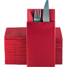 Red Dinner Napkins Cloth Like With Built-In Flatware Pocket, Linen-Feel ... - $49.99