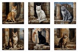 Ceramic Tiles Cats In Ancient Ruins Art Backsplash Tile Set Of 6 - $80.73