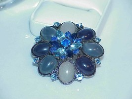 Vintage Cobalt Blue Glass Opal Rhinestones Silver Tone Dome Pin Pendant 2+&quot; Huge - £50.33 GBP