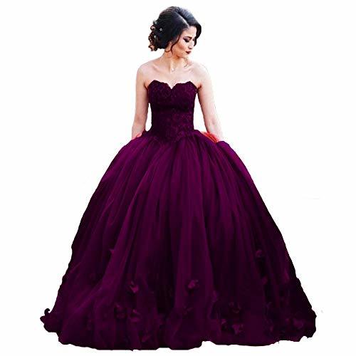 Women Long Ball Gown Tulle Floral Beaded Lace Formal Prom Dress Dark Plum US 12