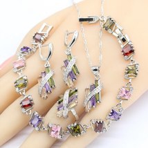 Silver Color  Bridal Jewelry Sets for Women Wedding Multi Color Zircon Earrings  - £29.08 GBP