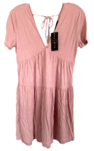 21 Saints Junior&#39;s Mini Dress Short Sleeve V-Neck Rayon Blend Tiered Sz S Pink - £11.70 GBP