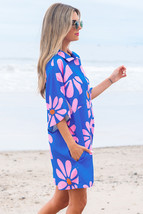 Blue Summer Flower Print Shirt Collar Button Front Loose Romper - $17.09