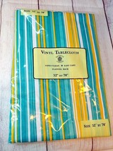 Sultans Linens Vinyl Tablecloth 42x70 Flannel Back NEW Stripes Yellow Bl... - £10.05 GBP