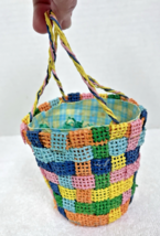 Hand Woven Easter Basket Blue Pink Yellow Checker Pattern Multicolor Han... - $12.38
